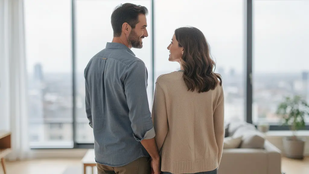 Couple trentenaire visitant un appartement lumineux pour estimer leur capacité d'emprunt