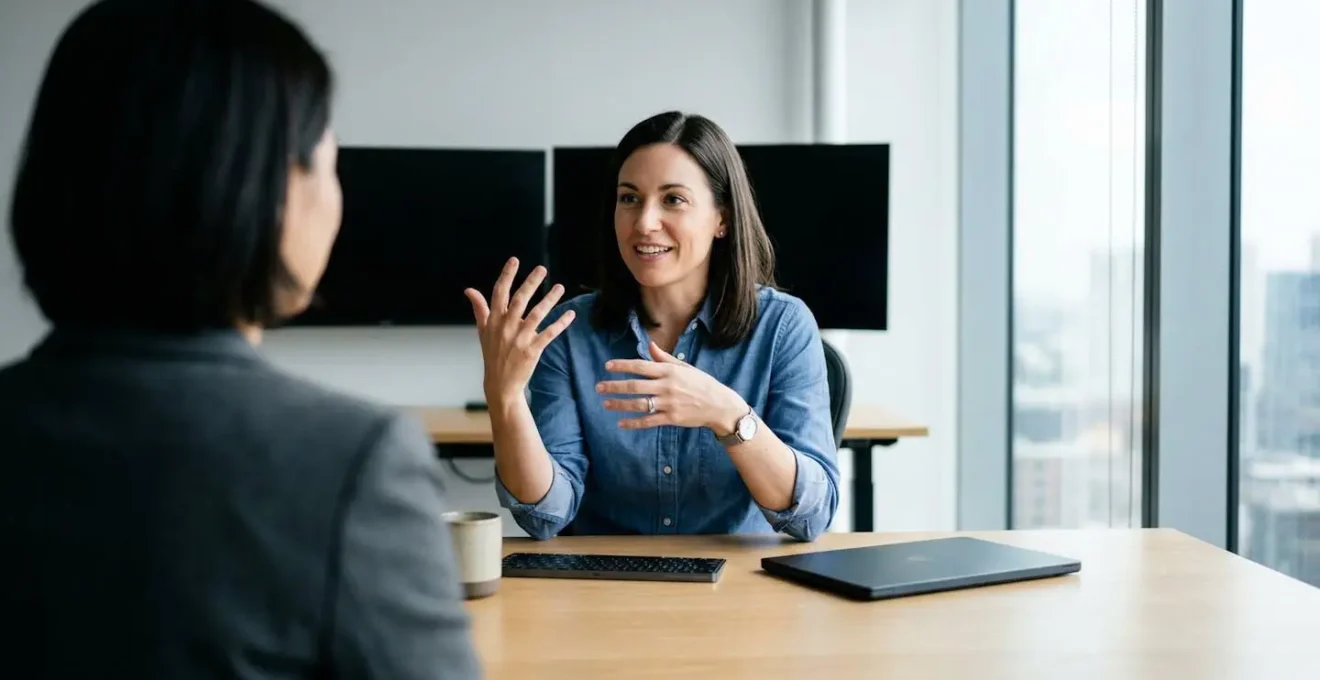 Conseiller financier en chemise expliquant les critères de prêt à un client dans un bureau moderne