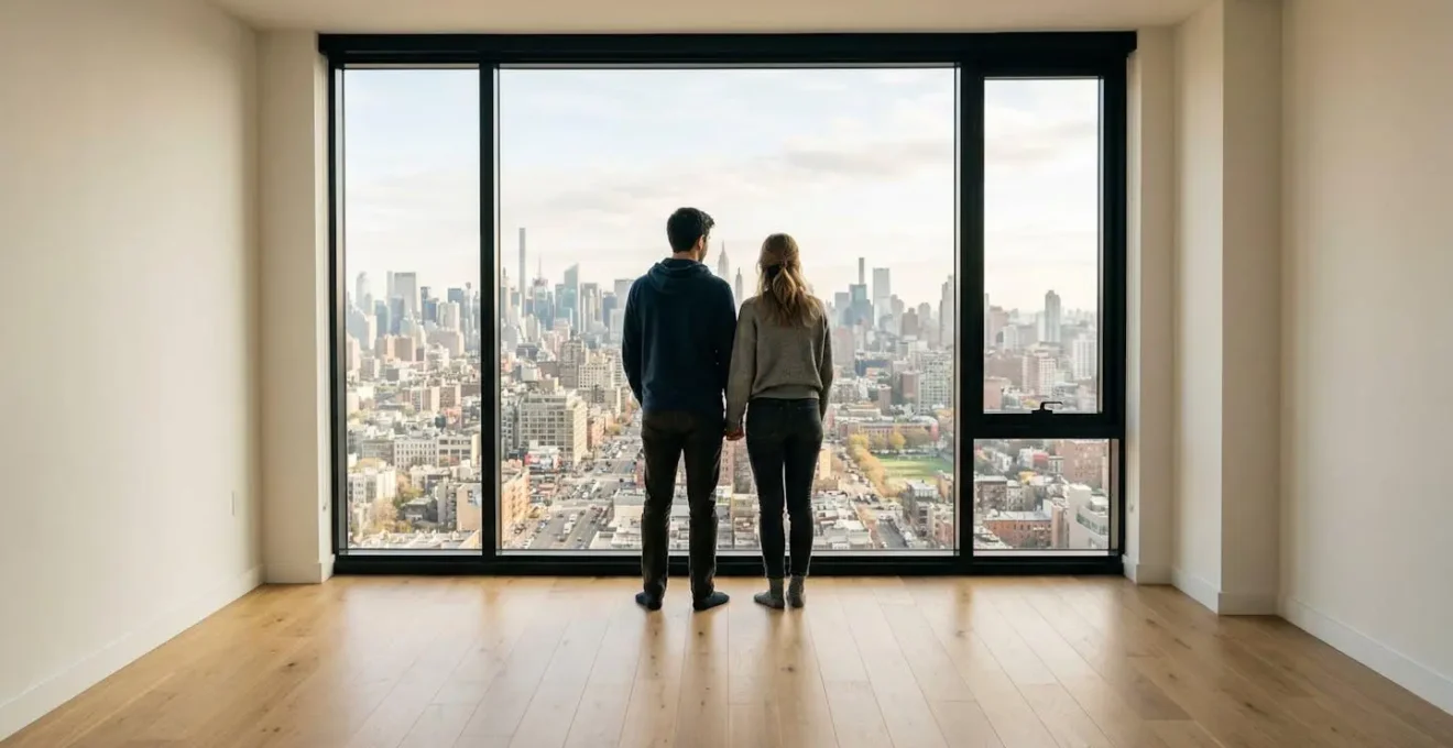 Couple visitant un appartement vide avec vue sur la ville pour projet immobilier