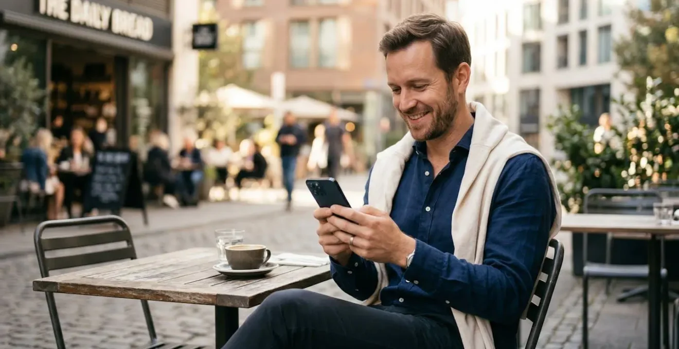 Homme trentenaire souriant consultant son téléphone dans un café lumineux après simulation de prêt