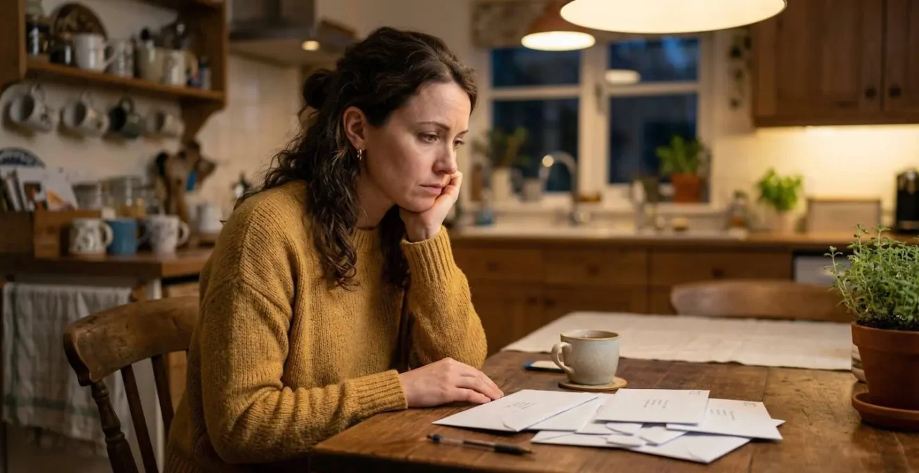 Femme trentenaire pensive devant des enveloppes sur table de cuisine, réflexion sur budget immobilier