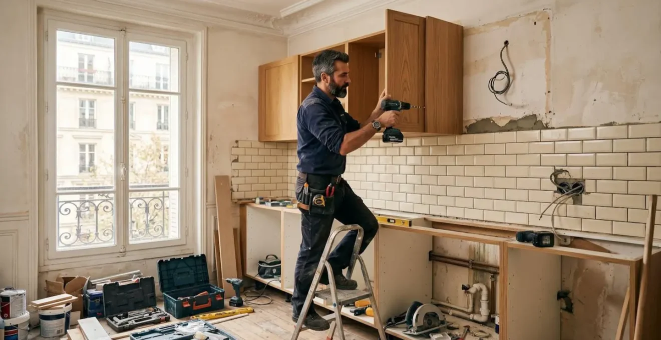 Artisan installant des meubles de cuisine dans un appartement parisien rénové