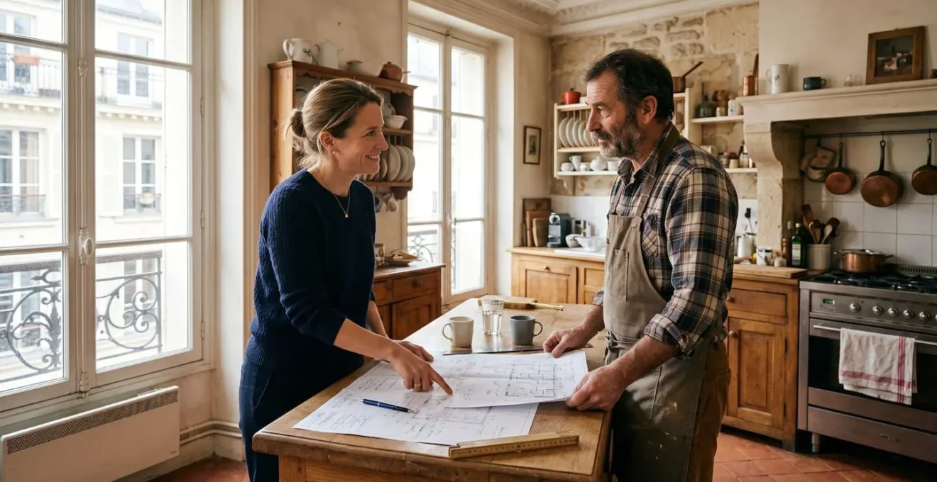 Propriétaire d'appartement parisien examinant des plans de rénovation cuisine avec un artisan