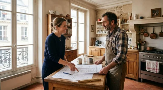Propriétaire d'appartement parisien examinant des plans de rénovation cuisine avec un artisan