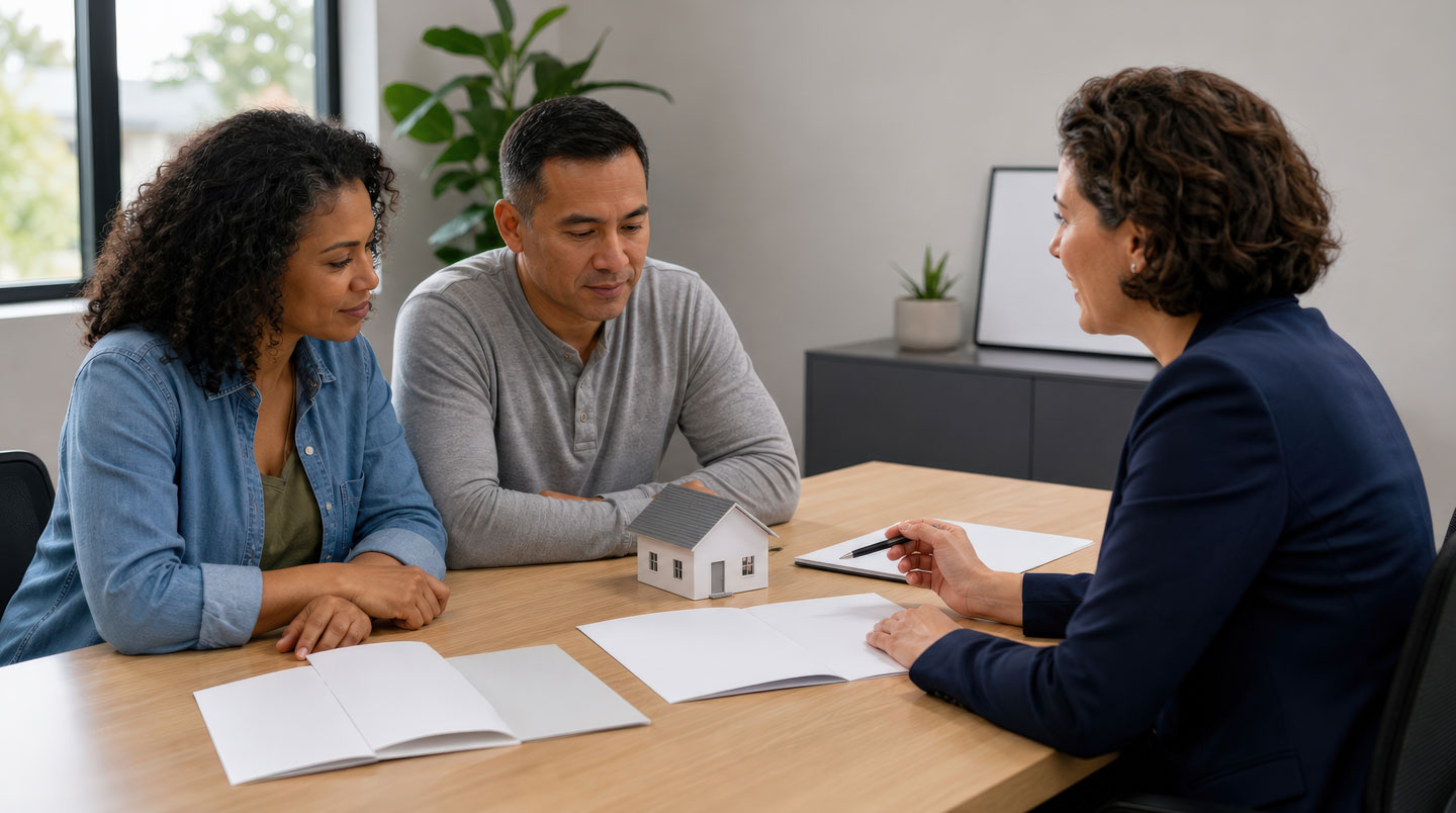 Propriétaire et artisan certifié RGE examinant ensemble des plans et devis d'isolation extérieure sur une table de travail avec documents techniques