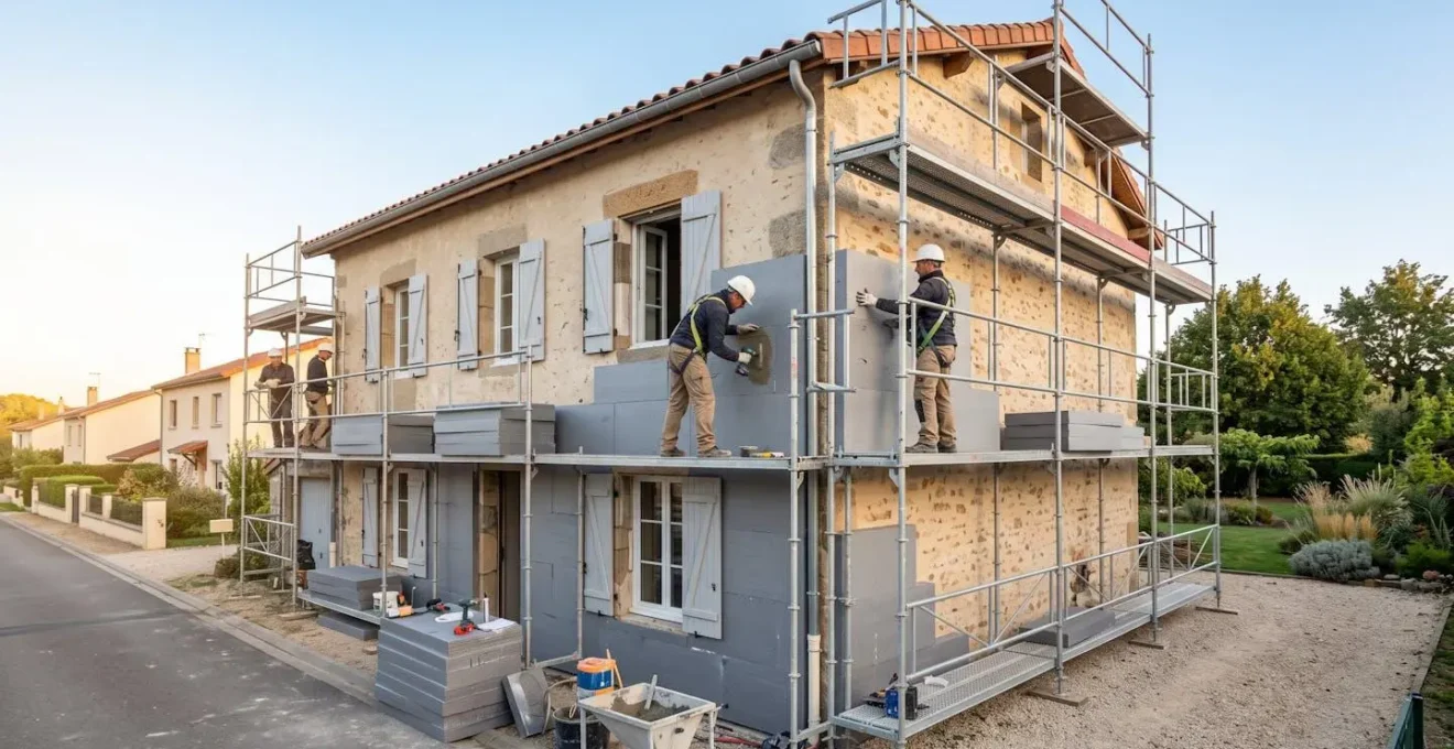 Artisans en combinaison de travail installant des panneaux d'isolation polystyrène sur la façade d'une maison individuelle, échafaudage professionnel et équipements de sécurité visibles