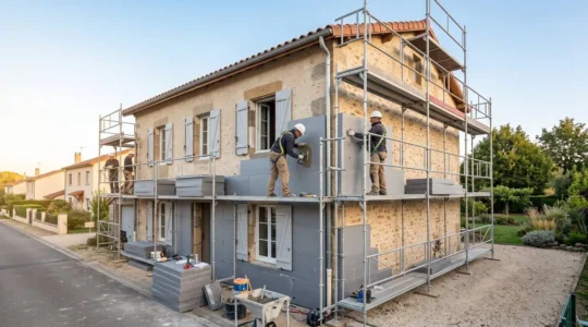 Artisans en combinaison de travail installant des panneaux d'isolation polystyrène sur la façade d'une maison individuelle, échafaudage professionnel et équipements de sécurité visibles