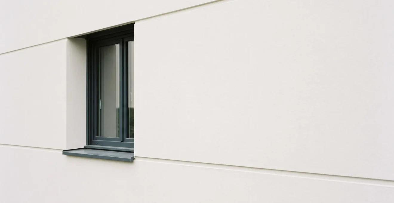 Façade de maison avec isolation thermique par l'extérieur sous enduit ETICS, finition lisse de couleur claire préservant l'aspect architectural