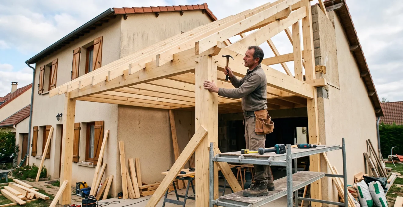 Carpenter installing a wooden frame extension structure onto an existing French residential house on a construction site.