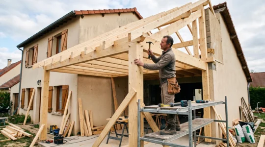 Carpenter installing a wooden frame extension structure onto an existing French residential house on a construction site.