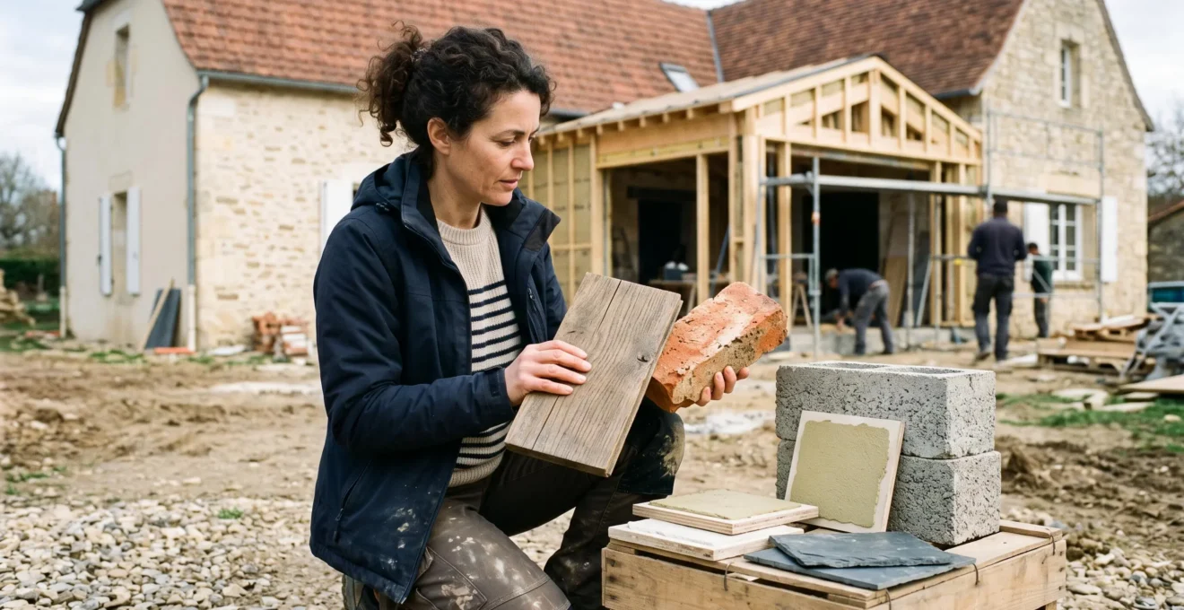 Construction professional presenting and comparing different building material samples including wood and masonry on a residential site.