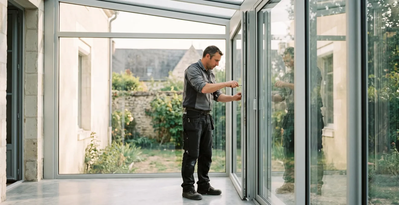 Installer adjusting a large glazed window frame inside a bright glass extension with natural light flooding the space.