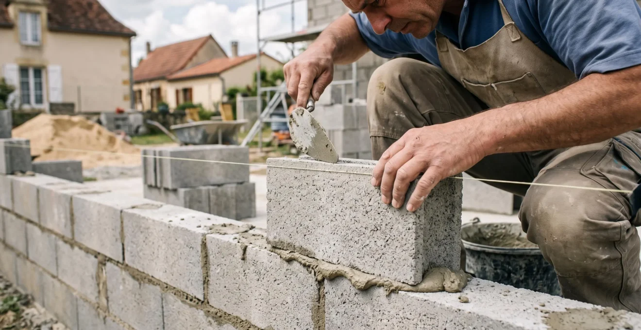 Mason laying concrete blocks or bricks with mortar to build an extension wall on a construction site.